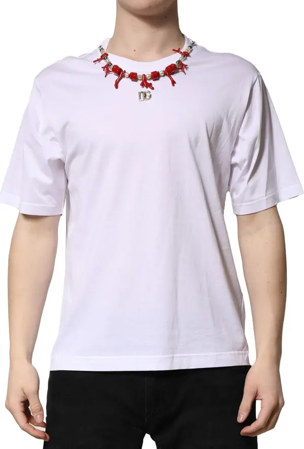 White Embellished Cotton Crew Neck T-shirt