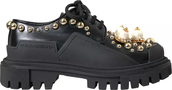 Black Leather Trekking Derby Embellished Shoes
