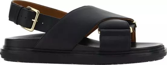 Black Calf Leather Bos Taurus Flat Sandals