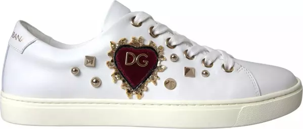 White Leather Gold Red Heart Sneakers Shoes