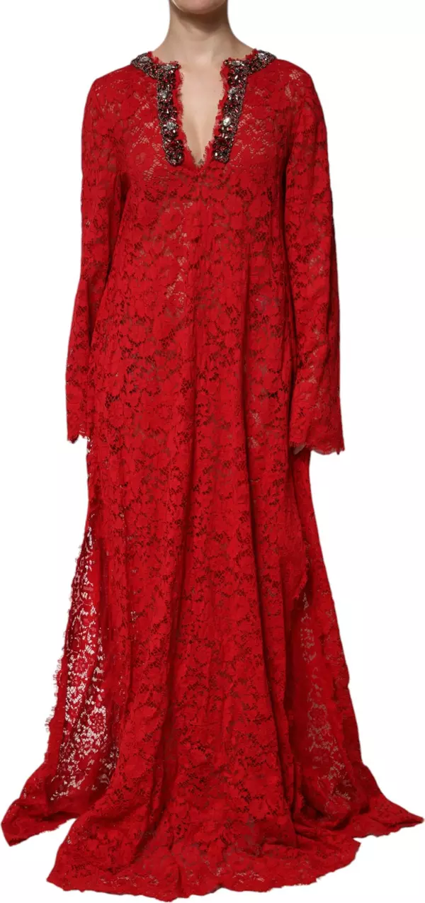 Red Floral Lace Rhinestone Embellished Dress