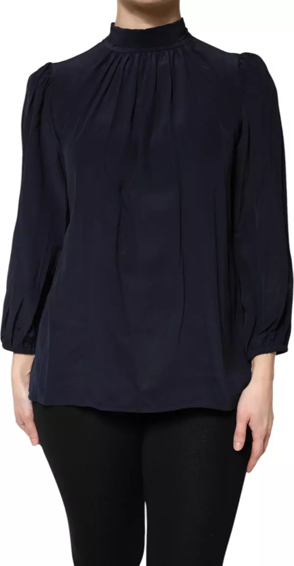 Blue Silk Mock Neck Long Sleeves Blouse Top