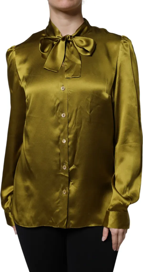 Green Ascot Collar Long Sleeves Blouse Top