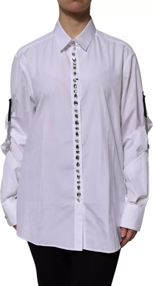 White Rhinestone Embellish Long Sleeves Top