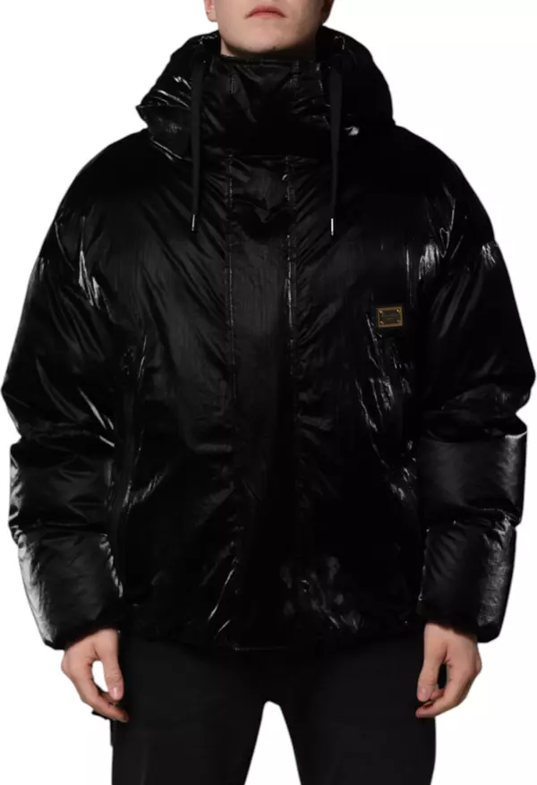 Black Logo Full Zip Hooded Quilted Jacket