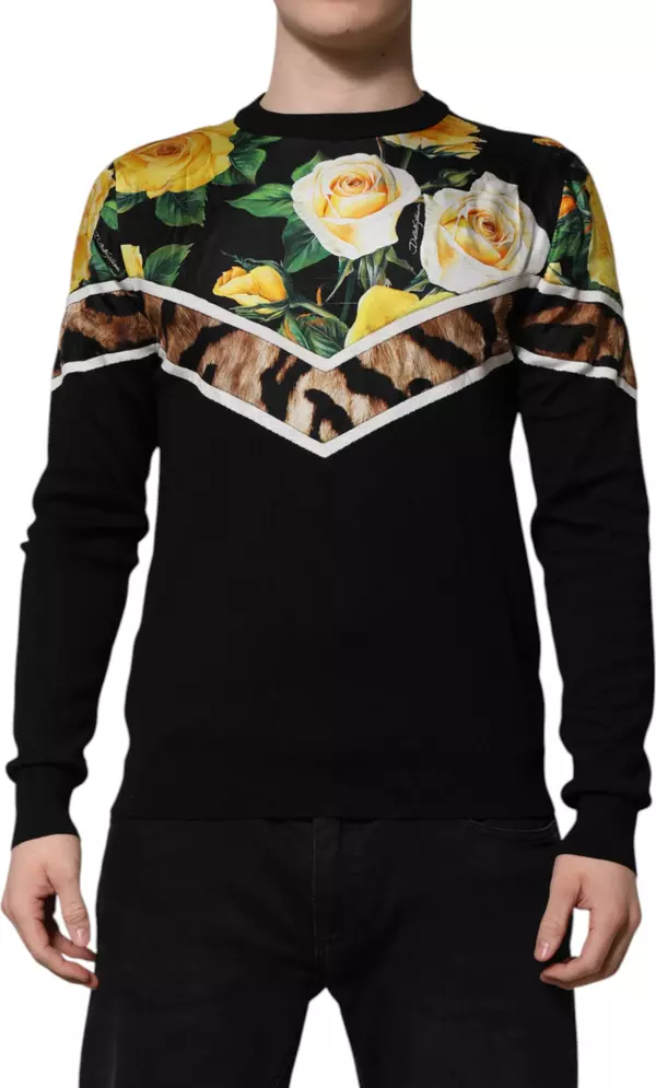 Black Silk Floral Crew Neck Pullover Sweater