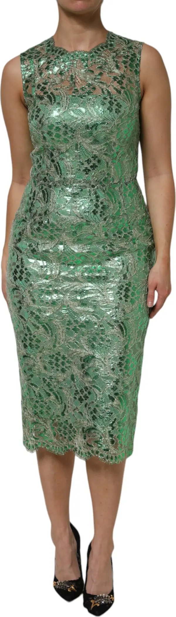 Green Cotton Floral Lace Sheath Midi Dress