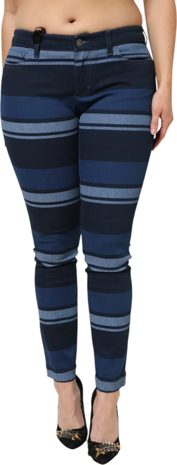 Blue Striped Cotton Stretch Denim Jeans