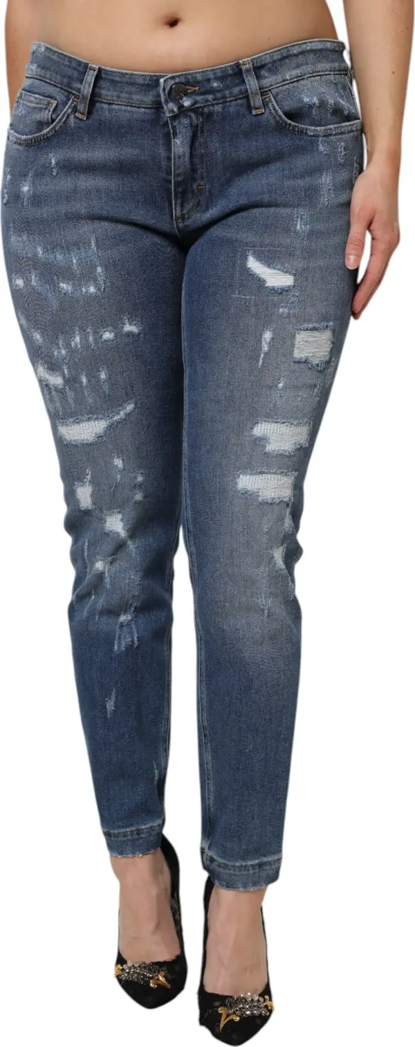 Blue Tattered Cotton Low Waist Denim Jeans