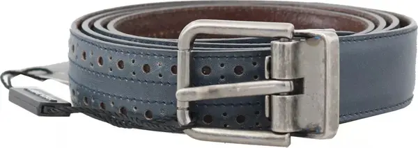 Blue Perforated Leather Gray Buckle Belt