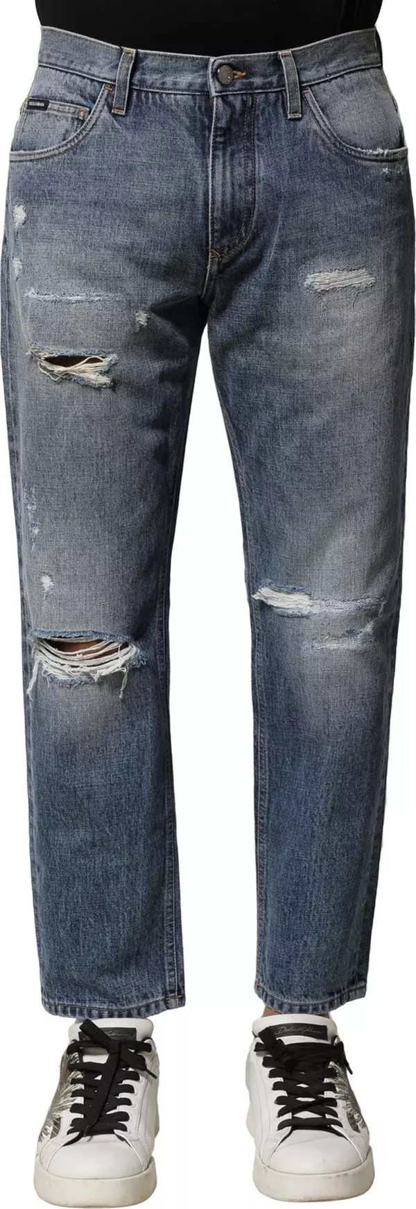 Blue Washed Tattered Straight Fit Denim Jeans