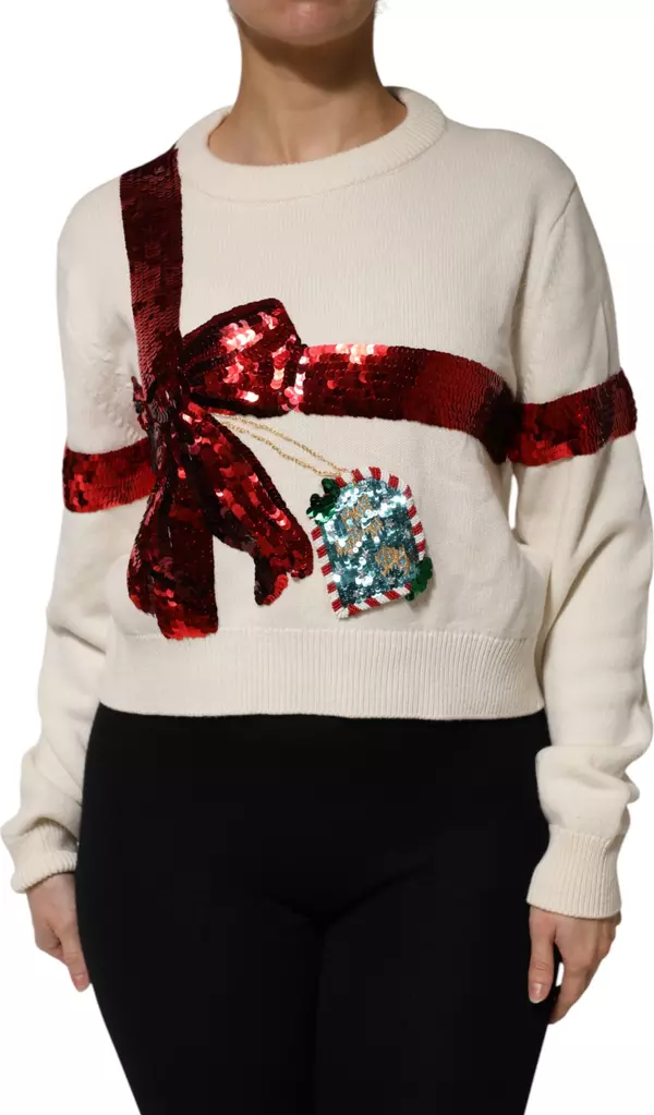 White Sequined Crew Neck Pullover Sweater