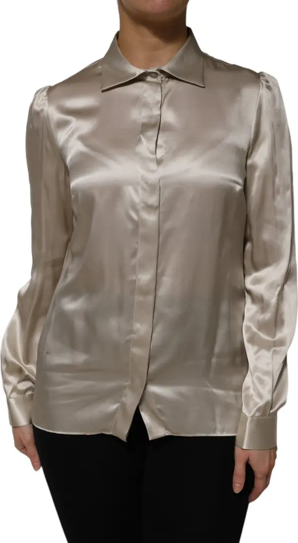 Beige Satin Silk Collared Long Sleeves Top