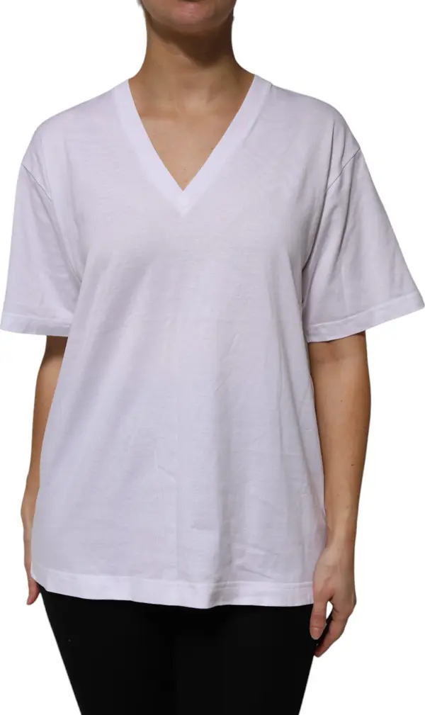 White Cotton Short Sleeves V-neck T-shirt