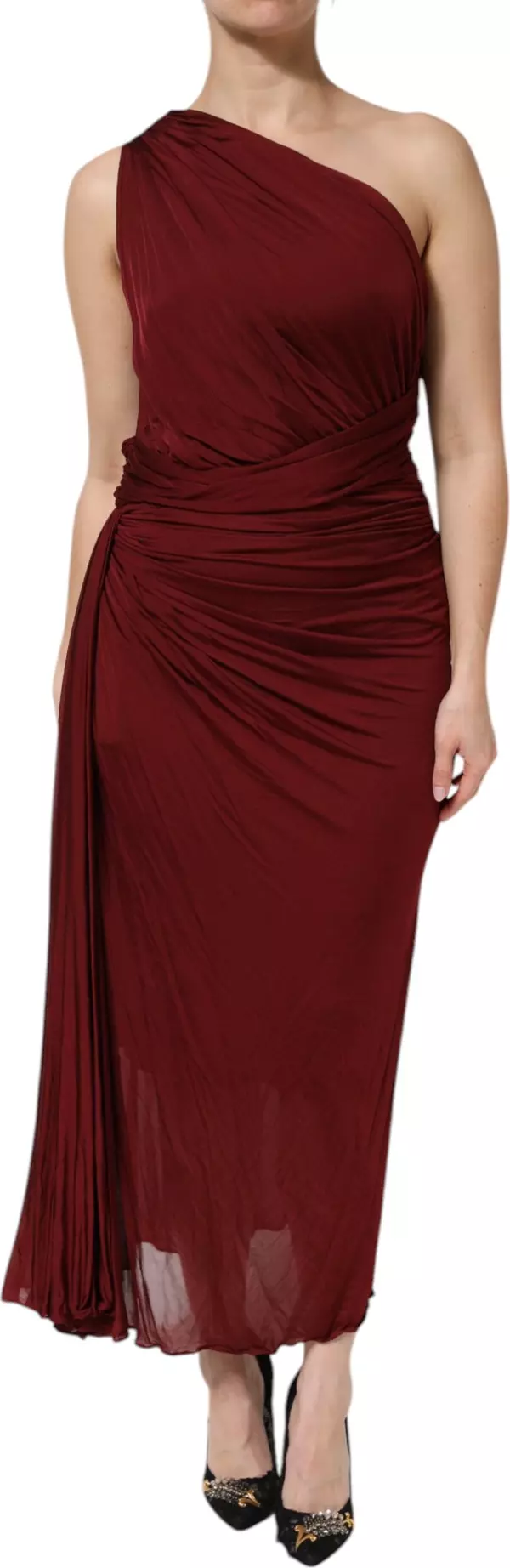 Red Viscose Fitted One Shoulder Midi Dress