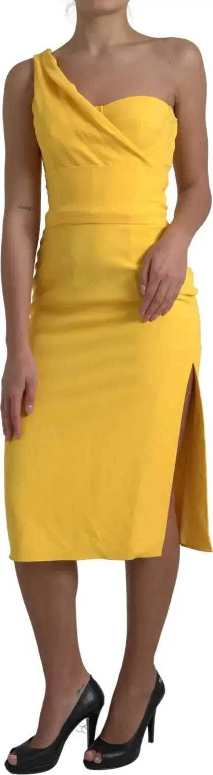 Yellow One Shoulder Slit Sheath Midi Dress