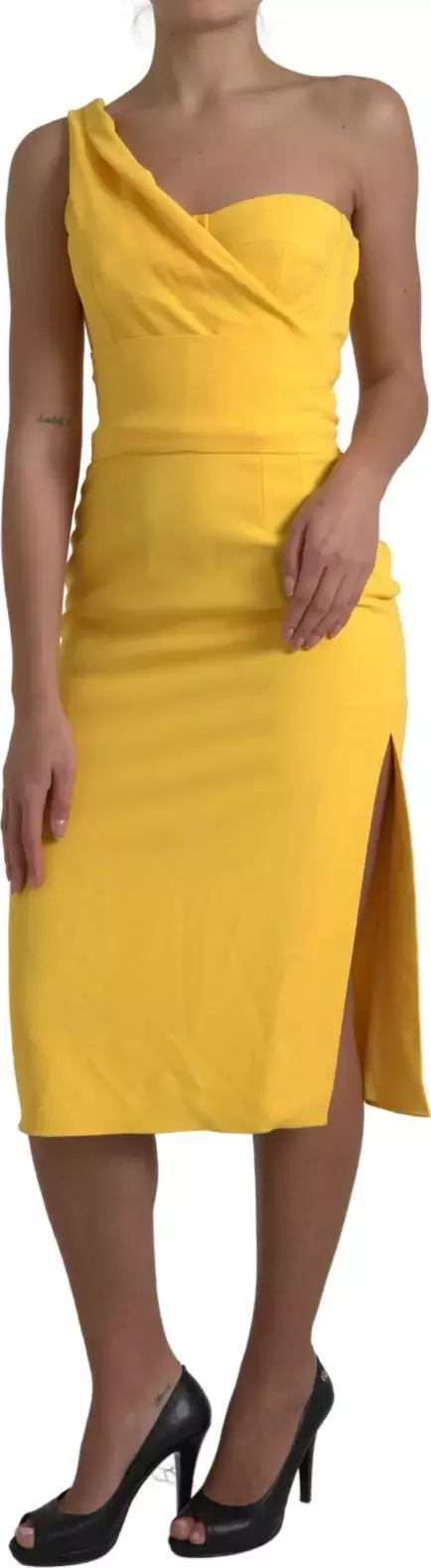 Yellow One Shoulder Side Slit Sheath Dress