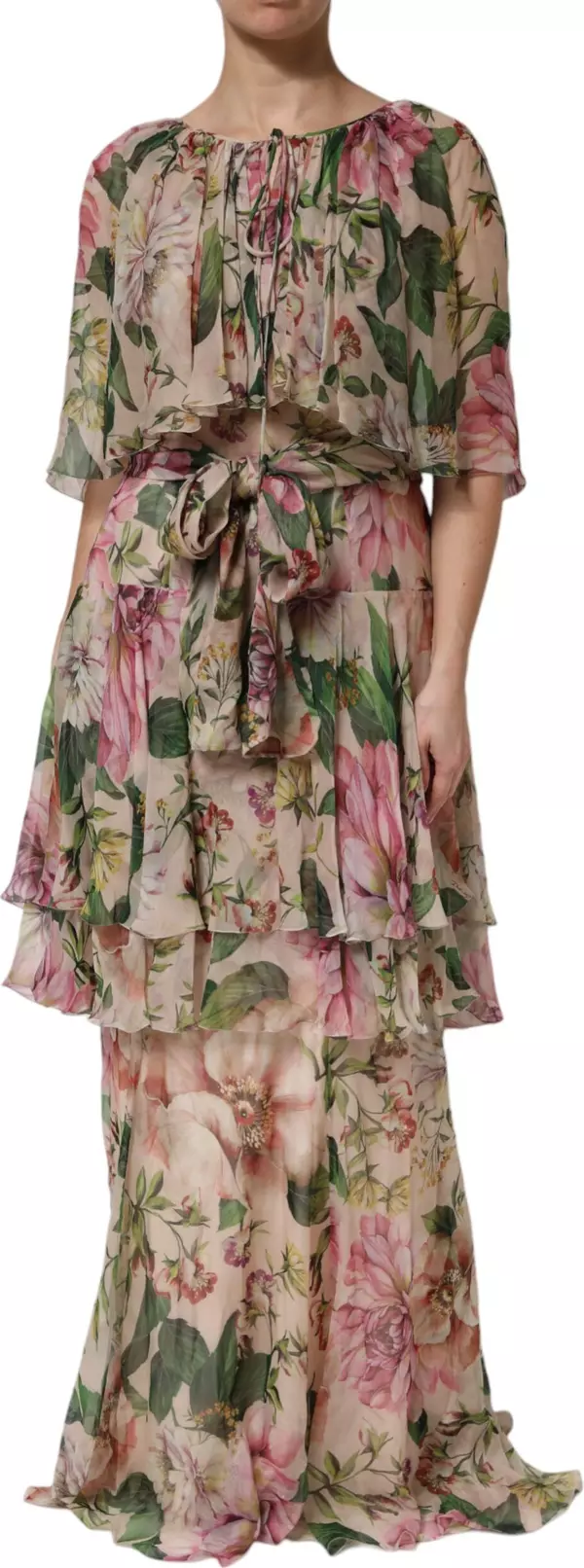 Pink Floral Print Tiered Long Maxi Dress
