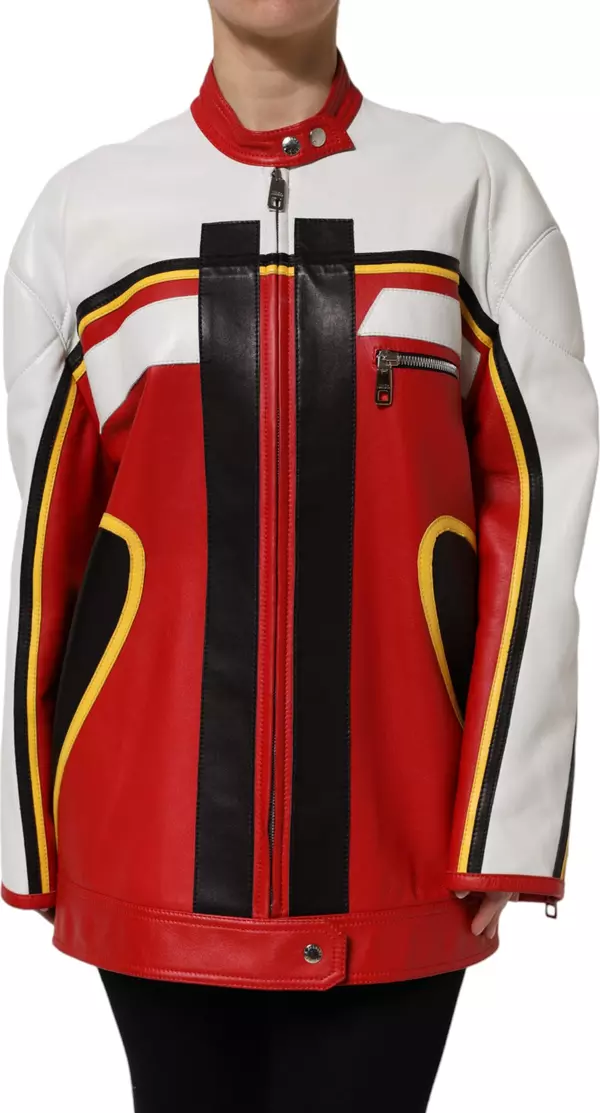 Multicolor Leather Biker Full Zip Coat Jacket