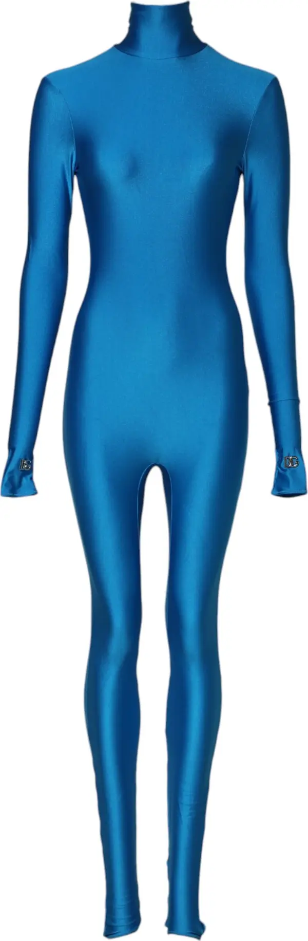 Blue Nylon Turtleneck Bodycon Jumpsuit Dress