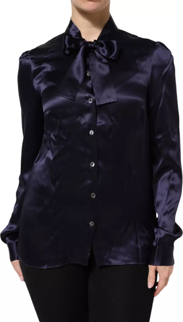 Dark Purple Silk Ascot Collared Blouse Top