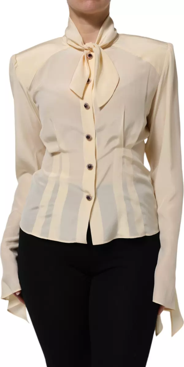 Light Yellow Ascot Collar Buttoned Blouse Top