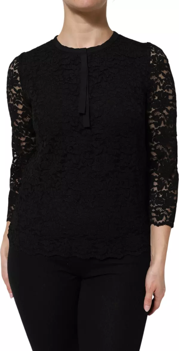 Black Nylon Lace Long Sleeve Blouse Top