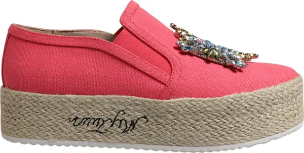 Pink Canvas Crystal Embellished Slip On Shoes