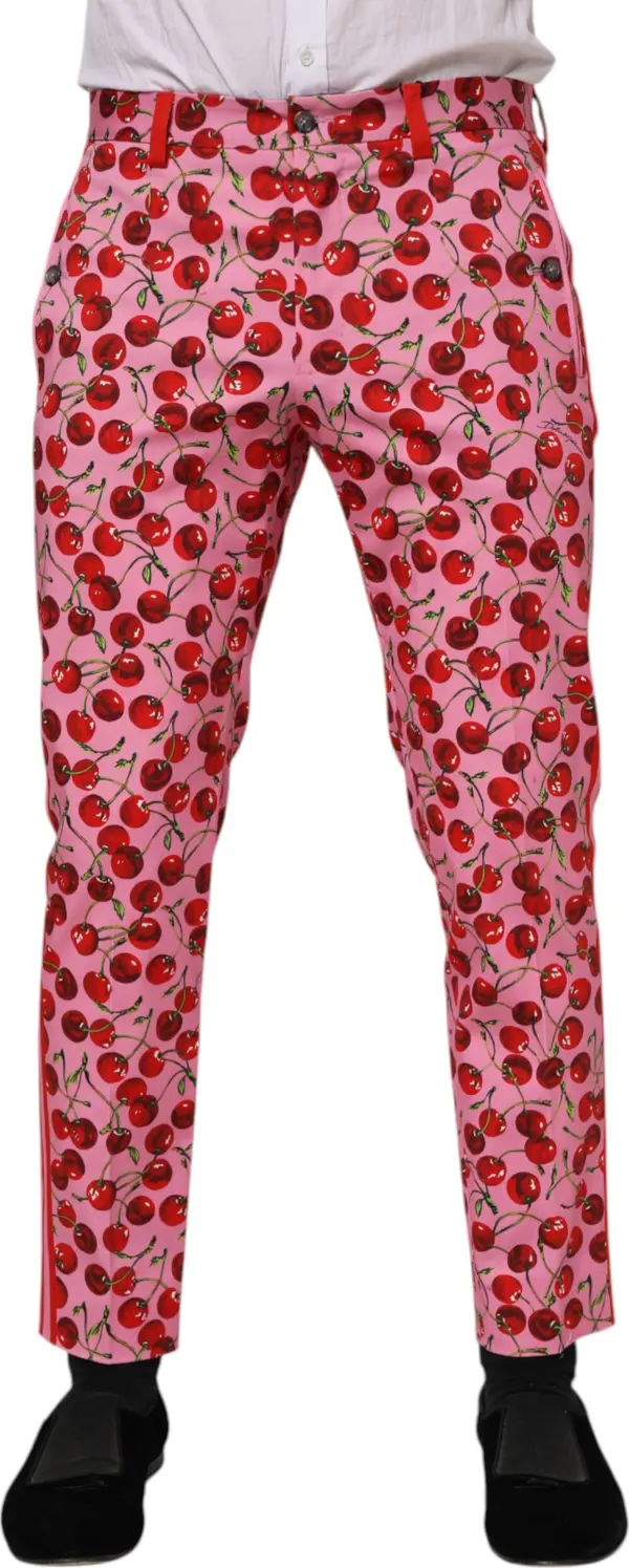 Pink Cherry Print Cotton Dress Pants