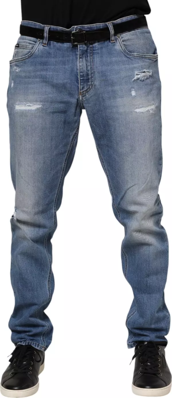 Blue Washed Tattered Logo Plaque Denim Jeans