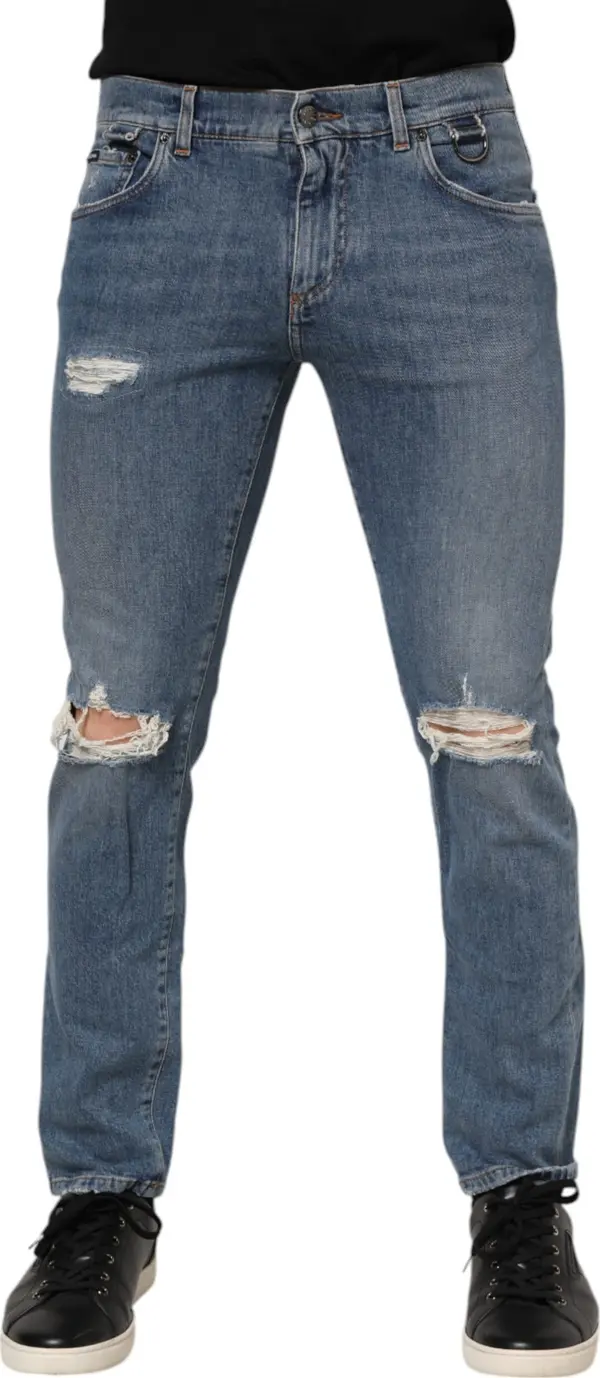 Blue Cotton Tattered Skinny Logo Denim Jeans