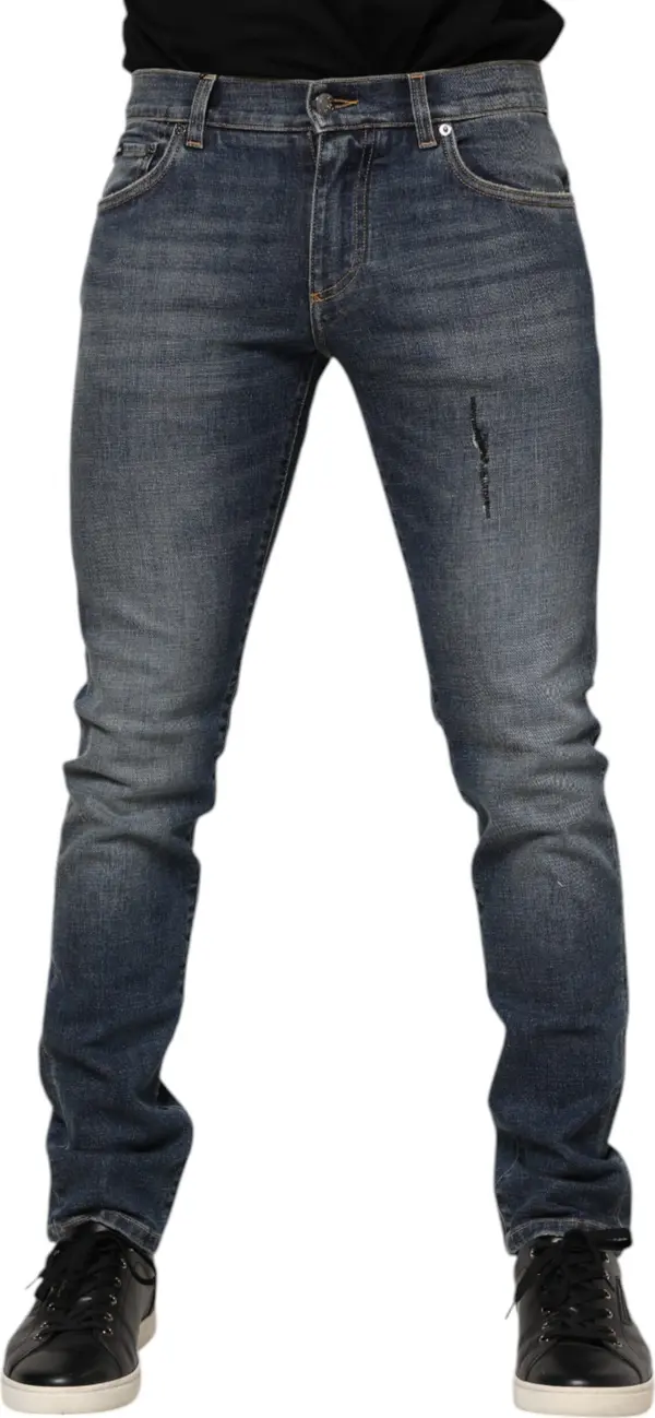Blue Washed Skinny Logo Plaque Men Denim Jeans