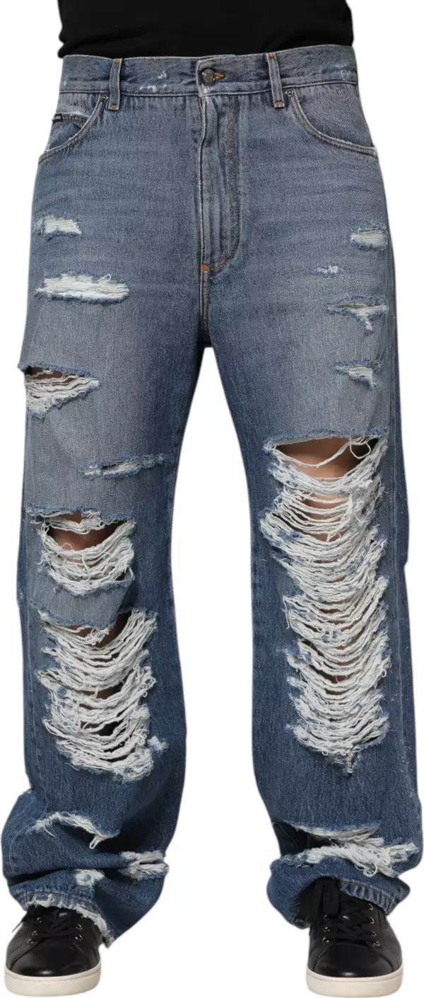 Blue Tattered Cotton Logo Plaque Denim Jeans