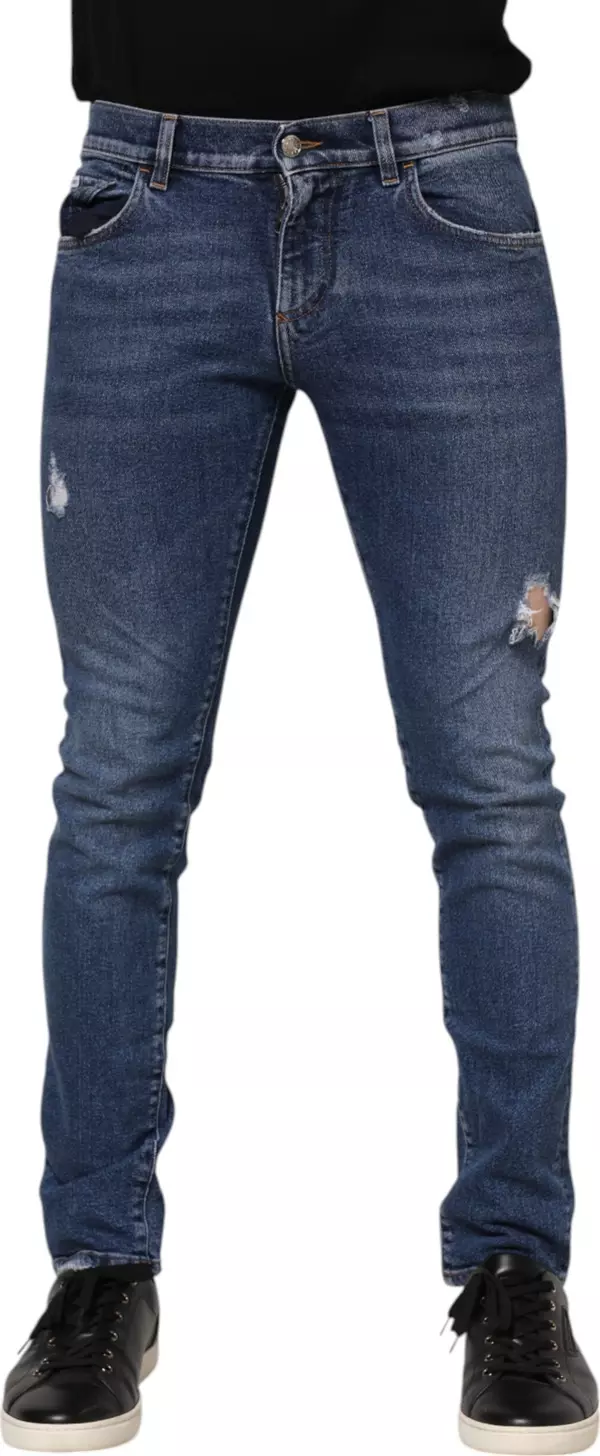 Blue Washed Skinny Cotton Tattered Denim Jeans