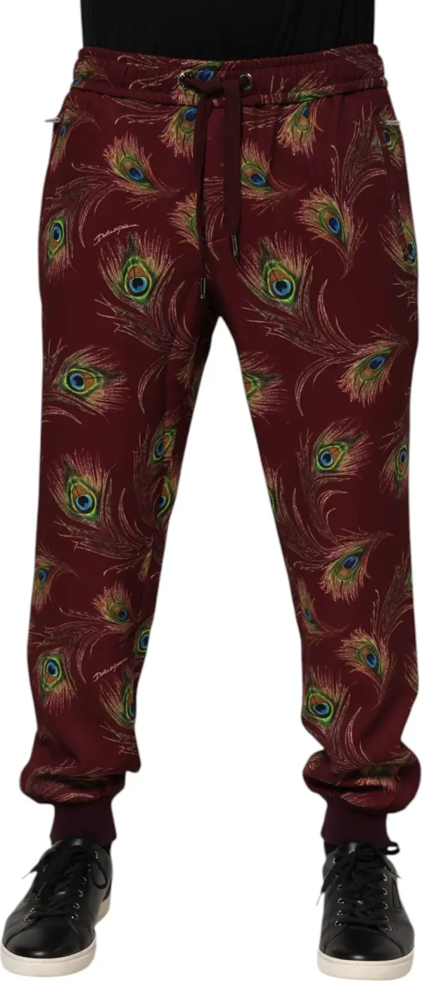 Burgundy Peacock Feather Print Jogger Pants