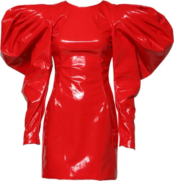 Red Patent Leather Puff Sleeves Mini Dress
