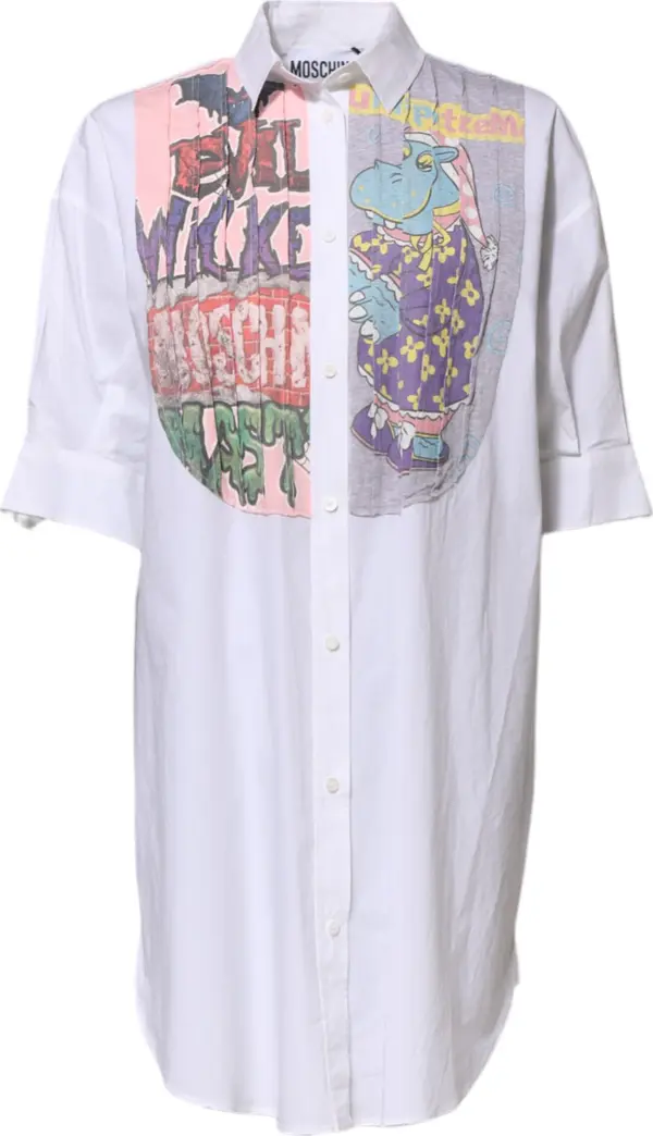 White Printed Collared Button Mini Shirt Dress