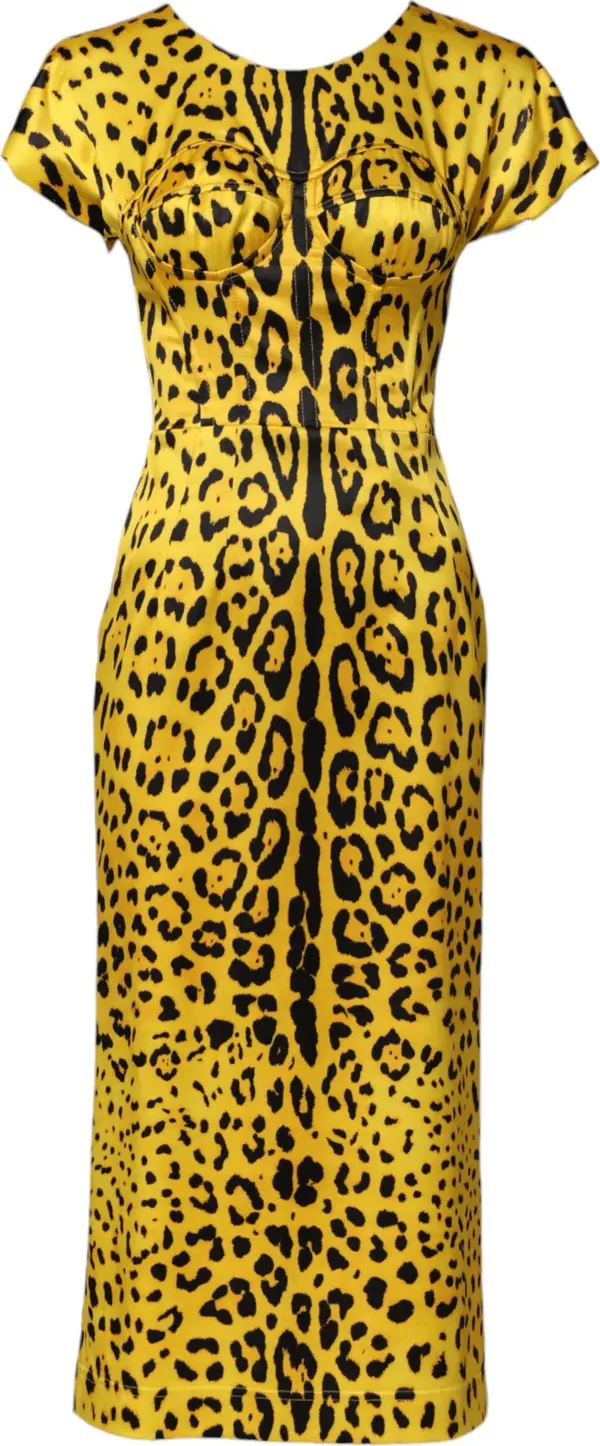 Yellow Polyester Leopard Midi Sheath Dress