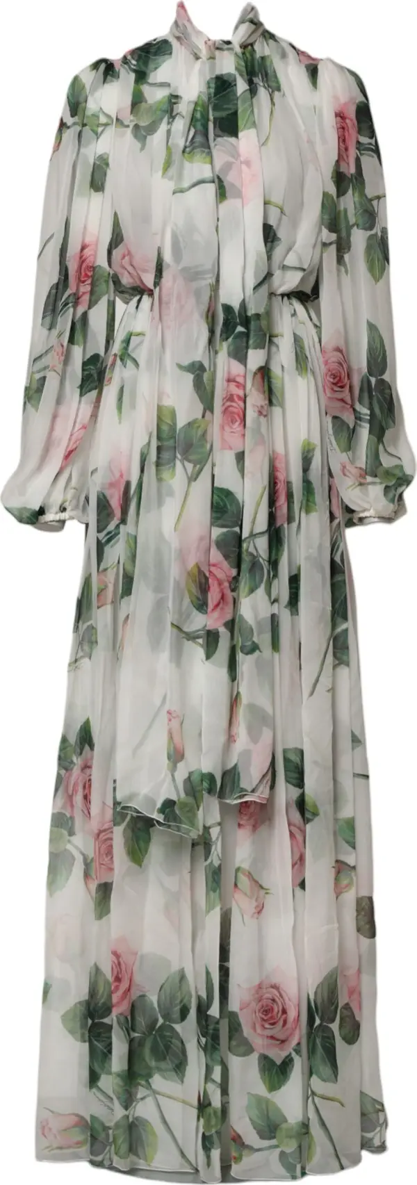White Floral Roses Silk Maxi Long Gown Dress