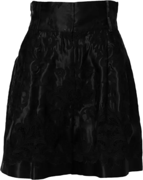 Black Floral Embroidery Silk High Waist Shorts