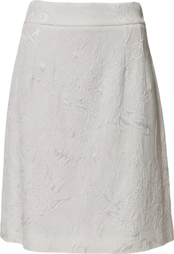 White Floral Brocade A-line High Waist Skirt