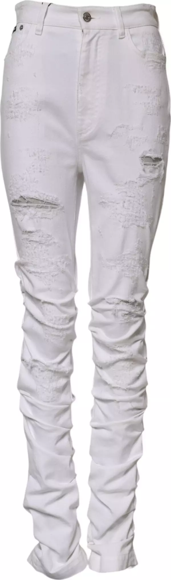White Tattered Cotton High Waist Denim Jeans