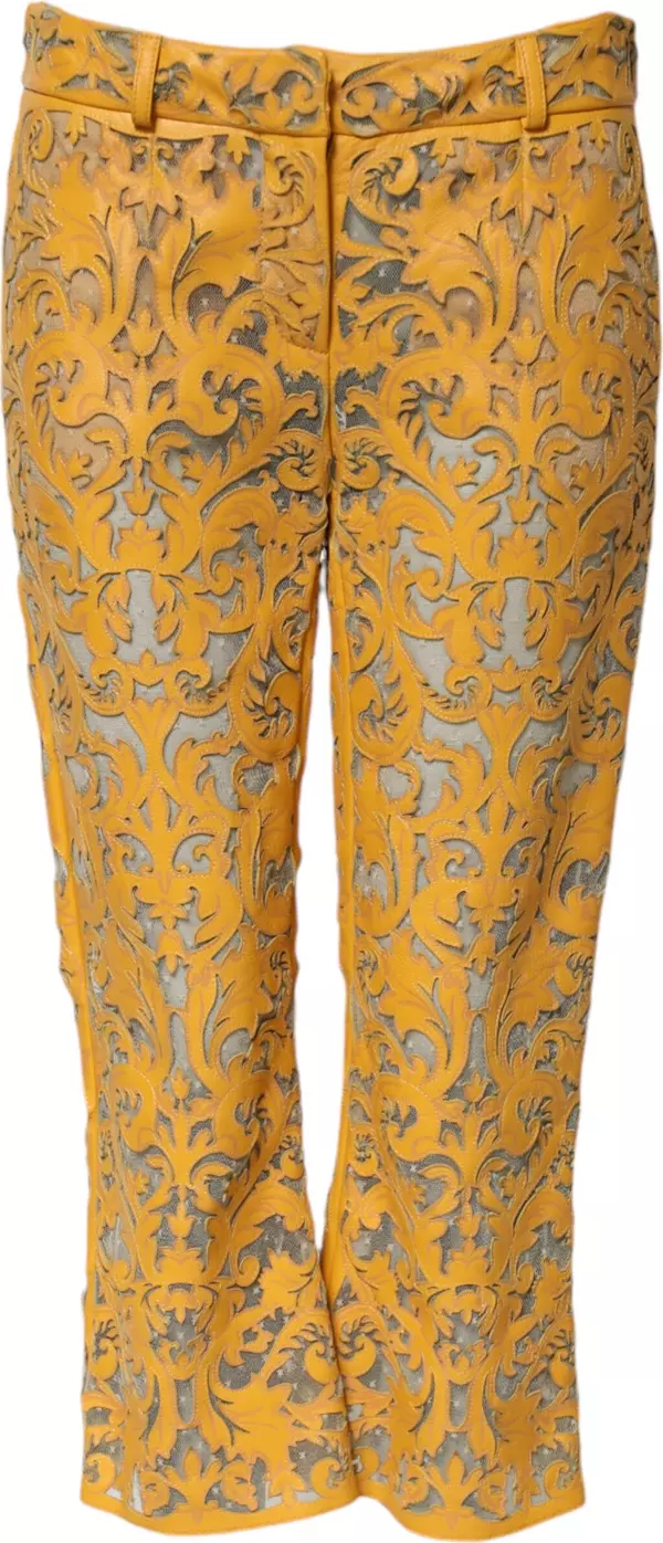 Yellow Floral Lace Mid Waist Capri Pants