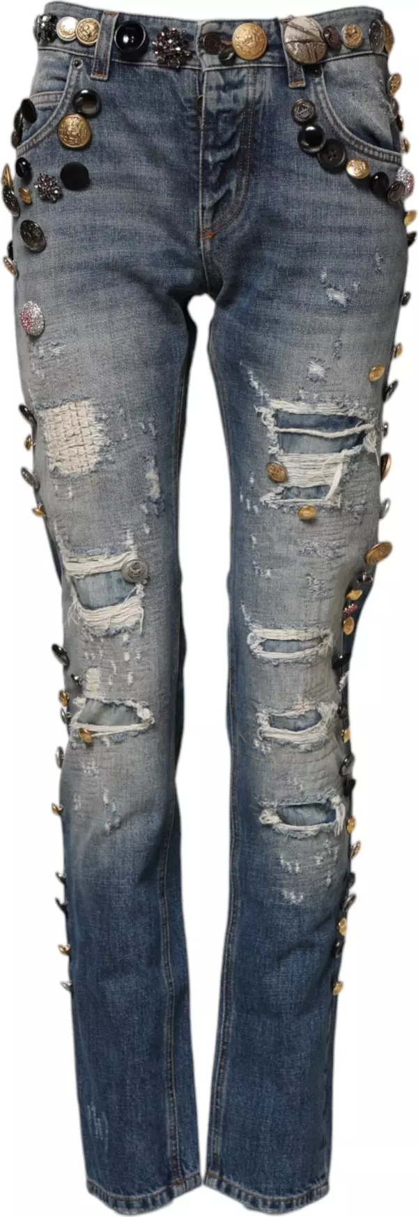 Blue Embellished Tattered SkinnyDenim Jeans