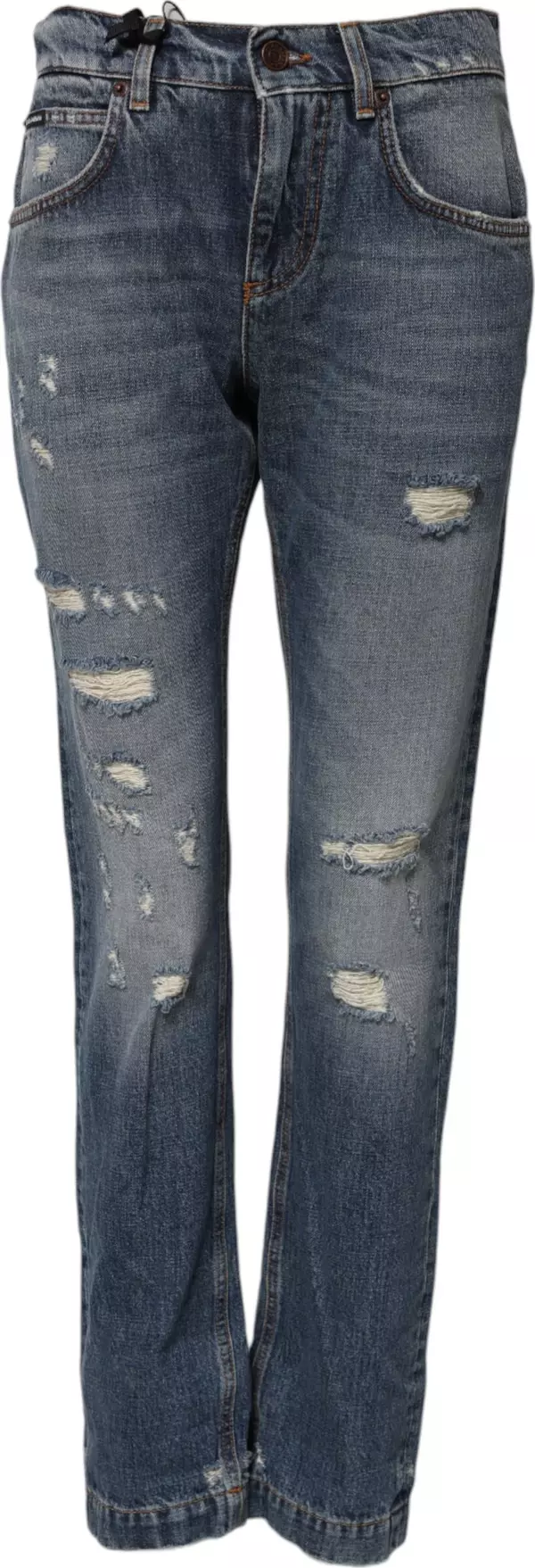 Blue Cotton Tattered Mid Waist Denim Jeans