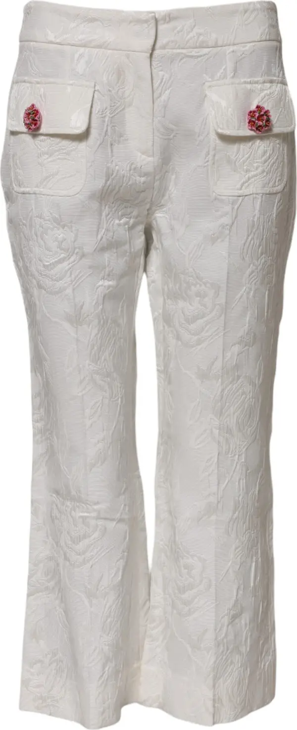 White Cotton Floral Jacquard Pants