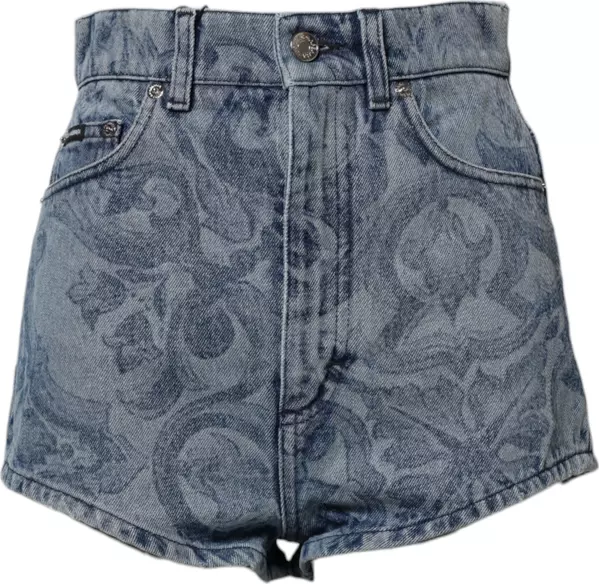 Blue Floral Print Denim Cotton Hot Pants Shorts
