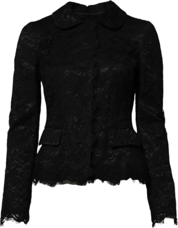 Black Floral Lace Cotton Collared Jacket