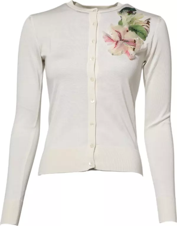 White Silk Lily Buttoned Cardigan Sweater