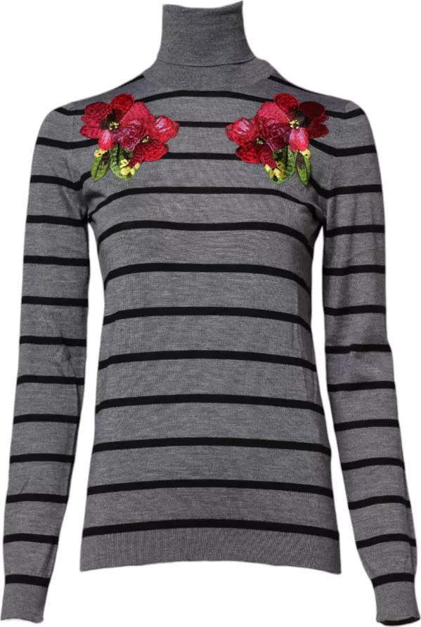 Gray Floral Embroidery Pullover Sweater